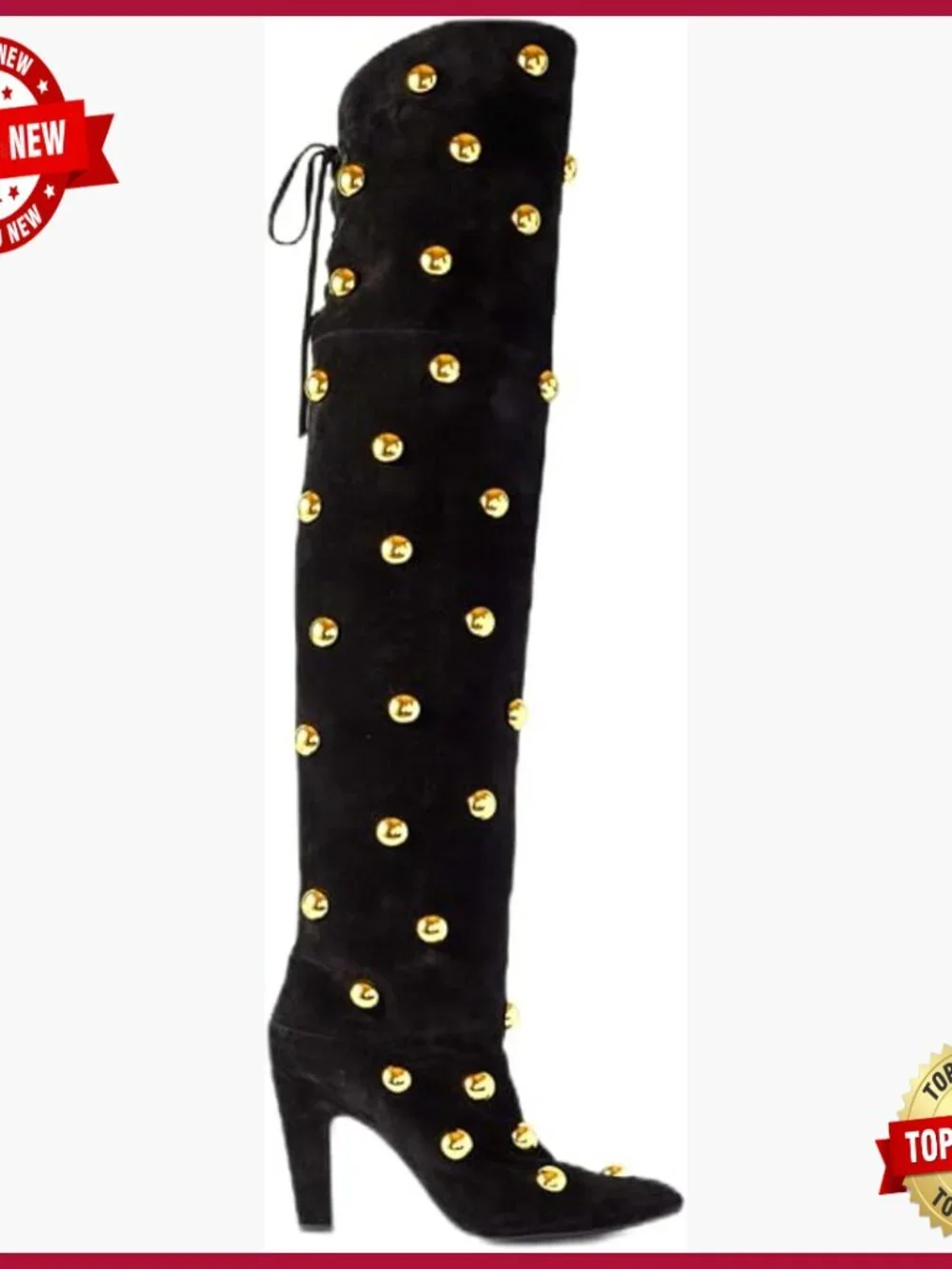 Over the Knee Boots Pointed Toe Chunky Heel Studded Suede